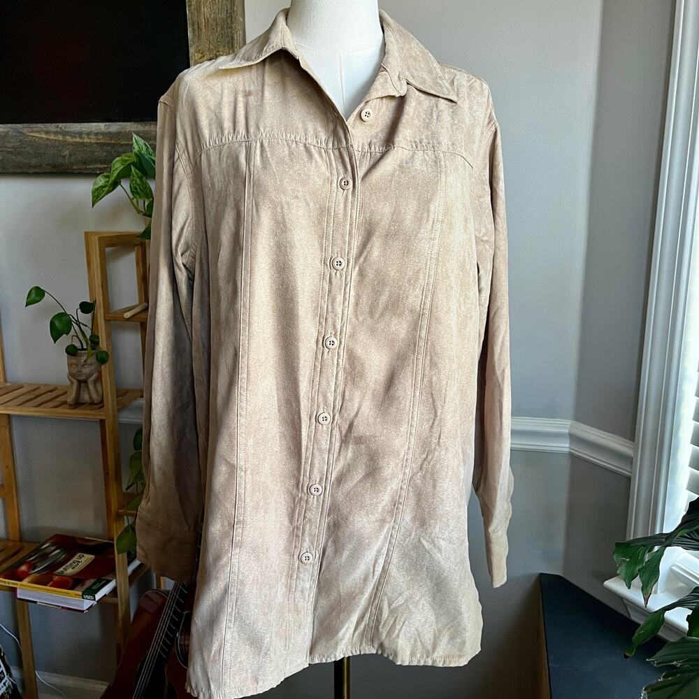 Vintage 90s Button Down Shirt Tan Faux Suede Western Size Medium